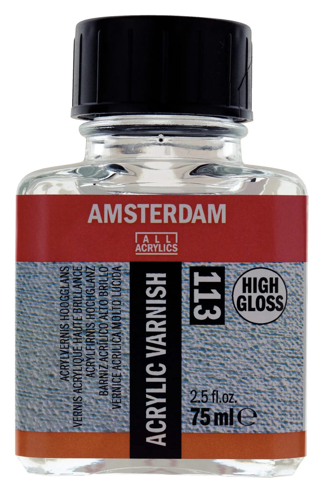 Amsterdam Acrylfirnis 113 Hochglänzend 75 ml Glasflasche mit schwarzem Deckel und Produktetikett