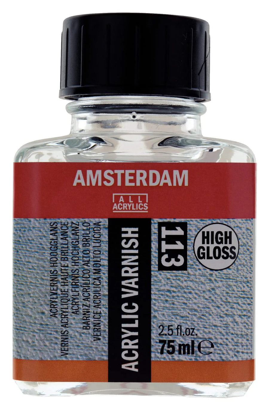Amsterdam Acrylfirnis 113 Hochglänzend 75 ml Glasflasche mit schwarzem Deckel und Produktetikett