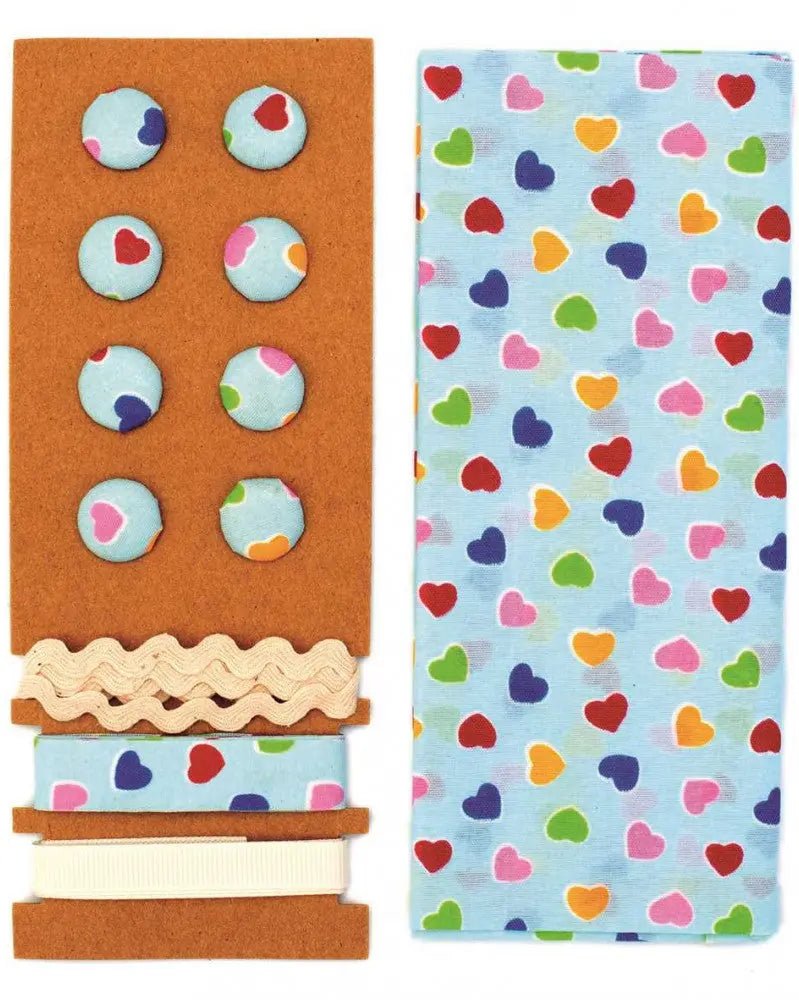 Textil - Set blau - bunt Herzen, 48x48cm Bänder 3x1m 8 Knöpfe - Kidis Art