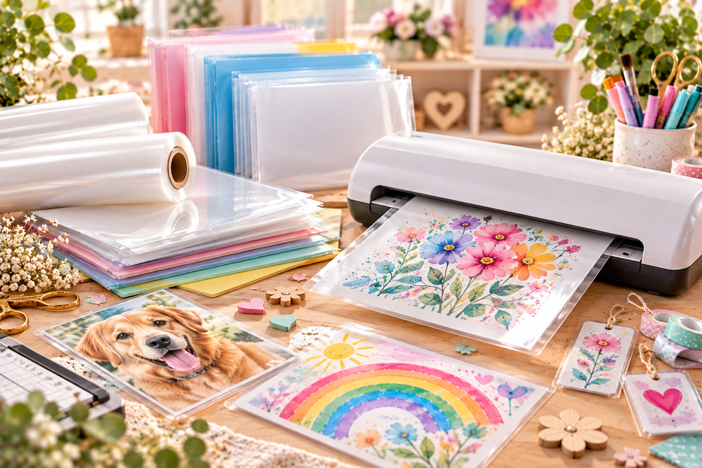 Laminieren – Laminiergerät mit Laminierfolien, buntem Papier und kreativen Bastelmotiven auf einem hellen Basteltisch.