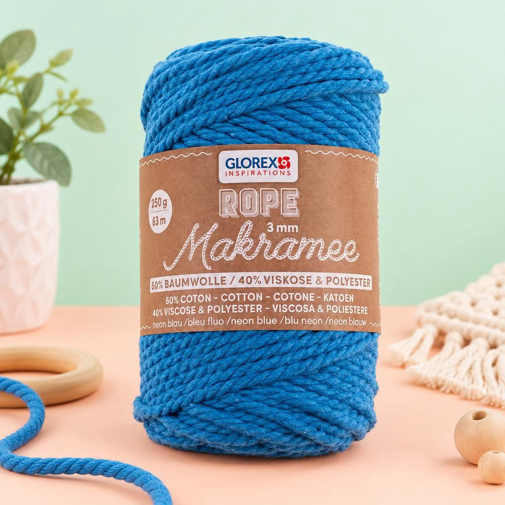 Generiert: [09c0142c-d3d3-4271-8150-e0faad976d86] Hauptbild – Makramee Rope 3mm 250g gedreht neon blau, 60% Coton, 40% Vis.