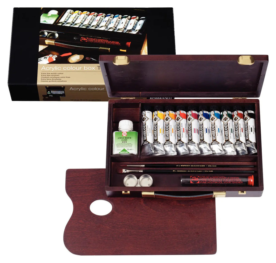 Rembrandt Acrylfarben-Set im Holzkasten Traditional | 10 x 40 ml + Zubehör