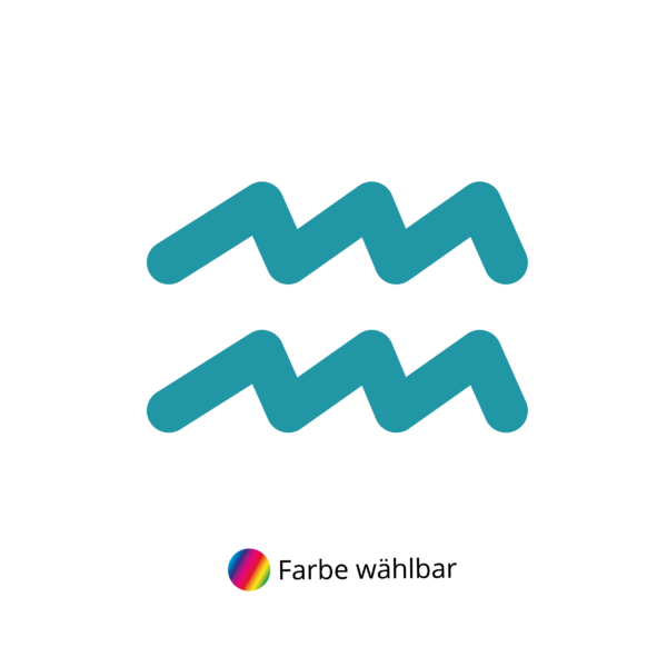 Türkisfarbenes Bügelbild Sternzeichen Wassermann von Bügelbilder.ch mit dem Wassermann-Symbol mit zwei Zickzacklinien auf Weiß. Inklusive Regenbogenkreis und deutschem Text "Farbe wählbar". Perfekt für kreative Aufbügelprojekte.
