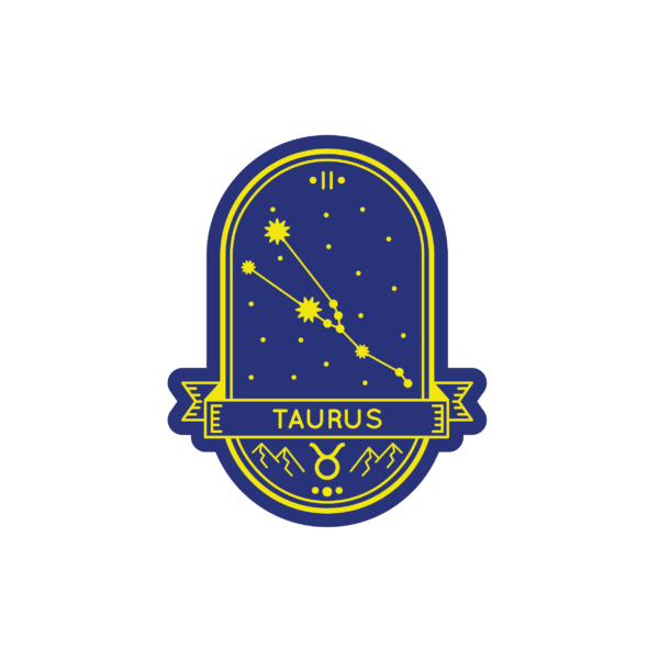 Das Bügelbild Sternzeichen Stier von Bügelbilder.ch zeigt das Sternbild Taurus in Gelb auf einem dunkelblauen Oval mit Sternen, sowie ein "Taurus" Banner und Symbol - ideal als Aufbügler oder Bügelmotiv für jedes Projekt.