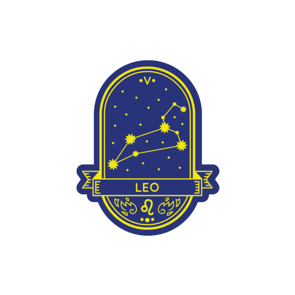 Das Bügelbild Sternzeichen Badge Löwe von Bügelbilder.ch ist ein blau-gelber Sternzeichen-Aufnäher mit Sternen und einer dekorativen Umrandung - ideal als Aufbügler zur Personalisierung Ihrer Kleidung.