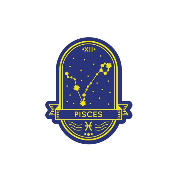 Das Bügelbild Sternzeichen Fische Badge von Bügelbilder.ch ist ein blau-gelber Aufbügler mit dem Sternzeichen Fische, einer stilisierten Konstellation, der römischen Zahl XII und einem "Fische"-Banner - ideal, um einzigartige Bügelmotive an Kleidung oder Accessoires anzubringen.