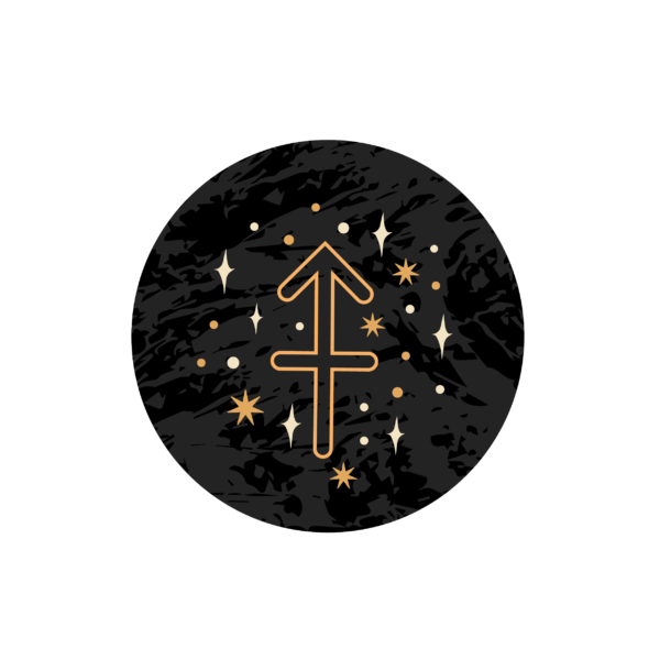 Das Bügelbild Sternzeichen Schütze im Kreis von Bügelbilder.ch zeigt ein goldenes Schütze-Symbol auf einem schwarzen Kreis mit Sternen und verleiht den Stoffen ein mystisches, kosmisches Flair.