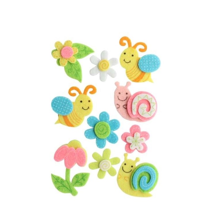 Feutrine 3D, 10 pièces, motif escargot/abeille et fleur, 5 x 4,5 cm, autocollante
