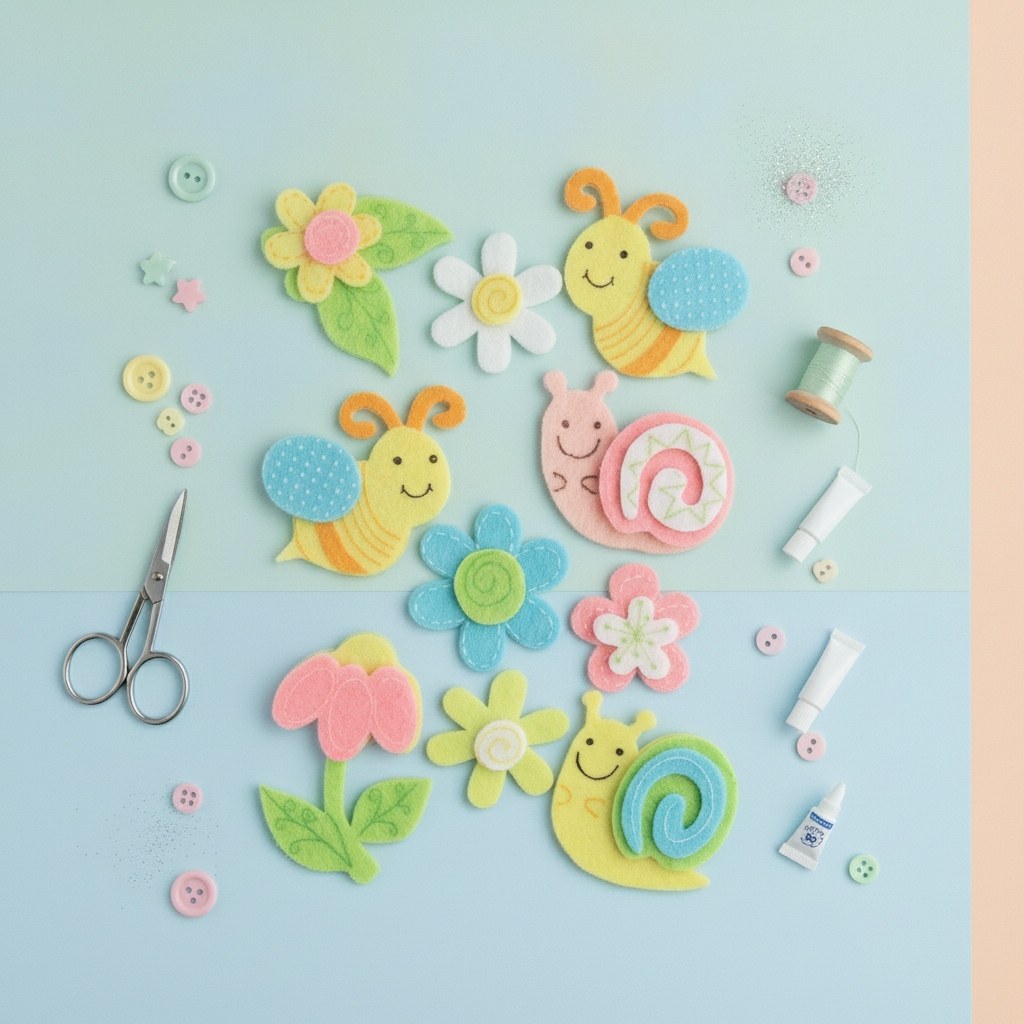 3D Filz, 10tlg. Schnecke/Biene Blume, 5x4,5cm, selbstklebend - Kidis Art