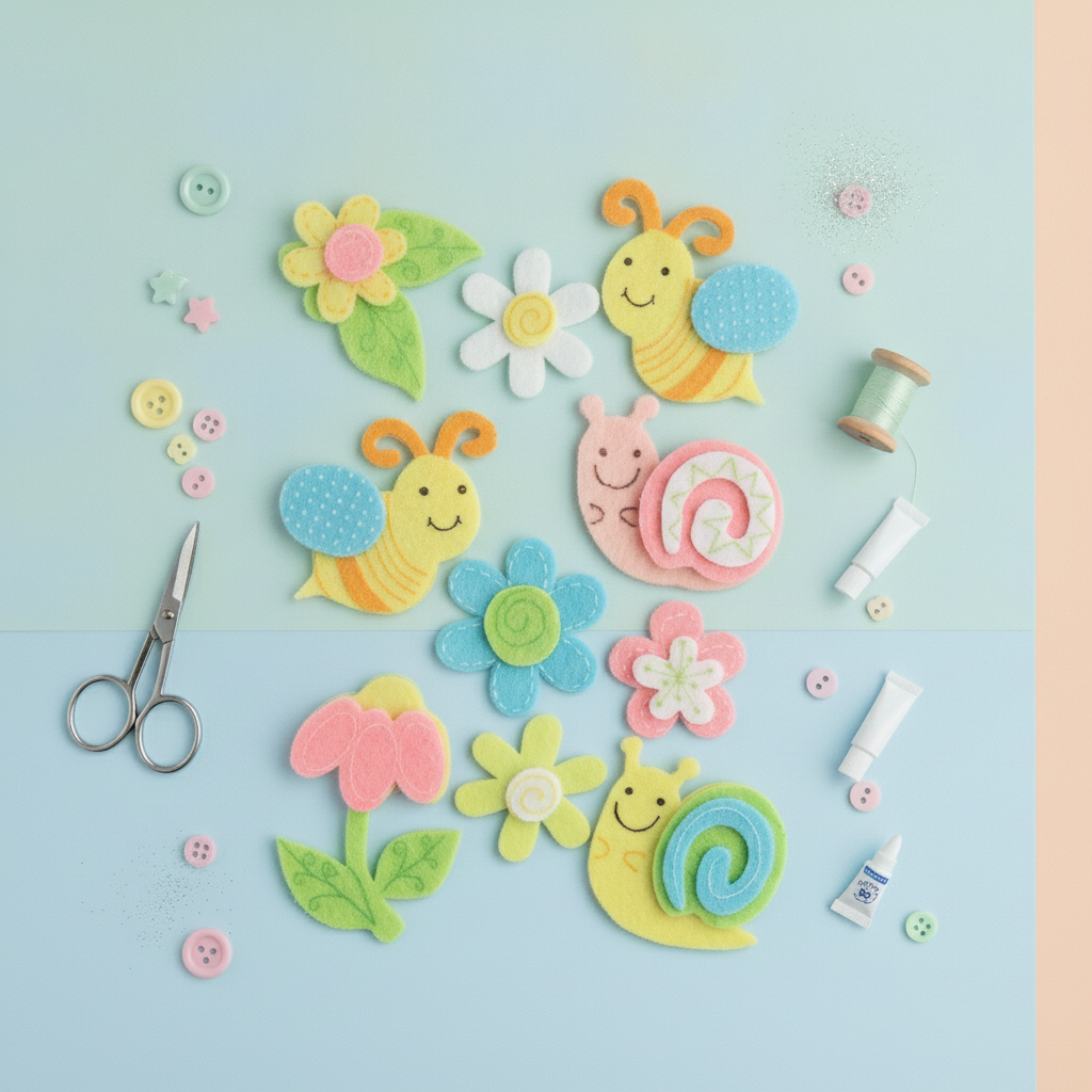 3D Filz, 10tlg. Schnecke/Biene Blume, 5x4,5cm, selbstklebend - Kidis Art
