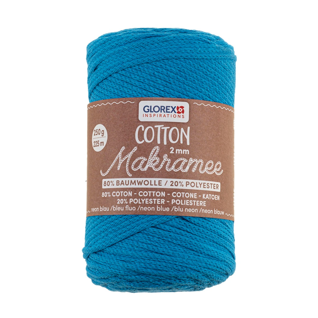 Makramee Cotton 2mm 250g neon blau, 80% Coton, 20% Vis.