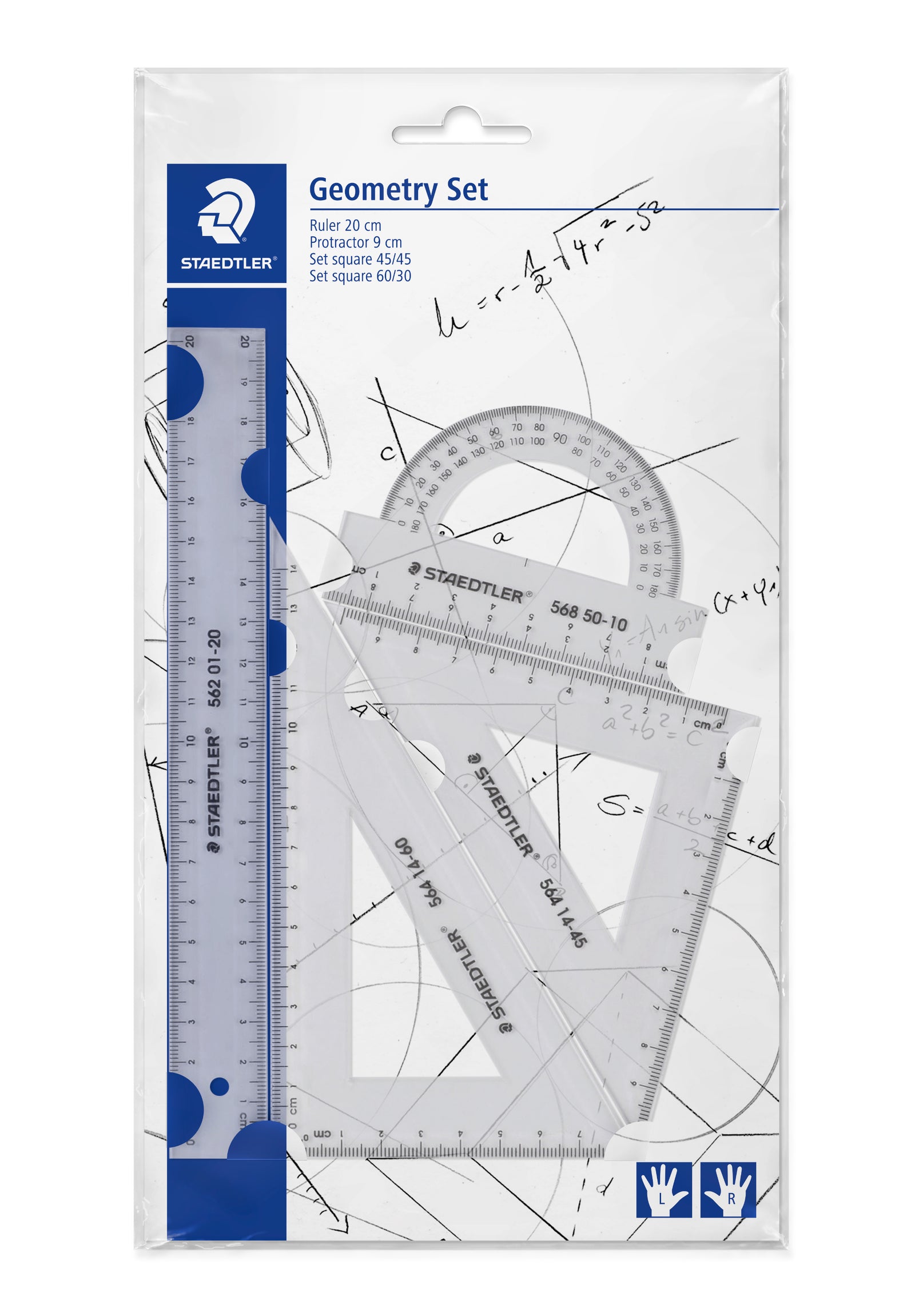 STAEDTLER® 569 PB 1 Lineal 20 cm, 1 Winkelmesser, 1 Dreieck 60°/30° Grad, 1 Dreieck 45°/45° Grad