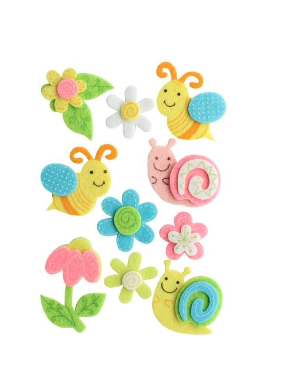3D Filz, 10tlg. Schnecke/Biene Blume, 5x4,5cm, selbstklebend