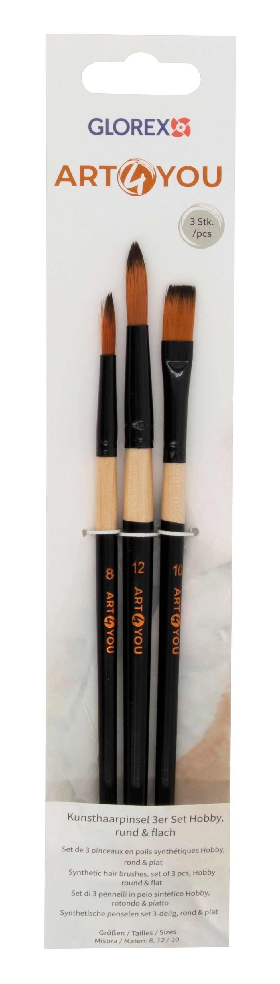 Synthetic Hobbypinsel 3er Set rund Gr. 8+12, Flach Gr. 10