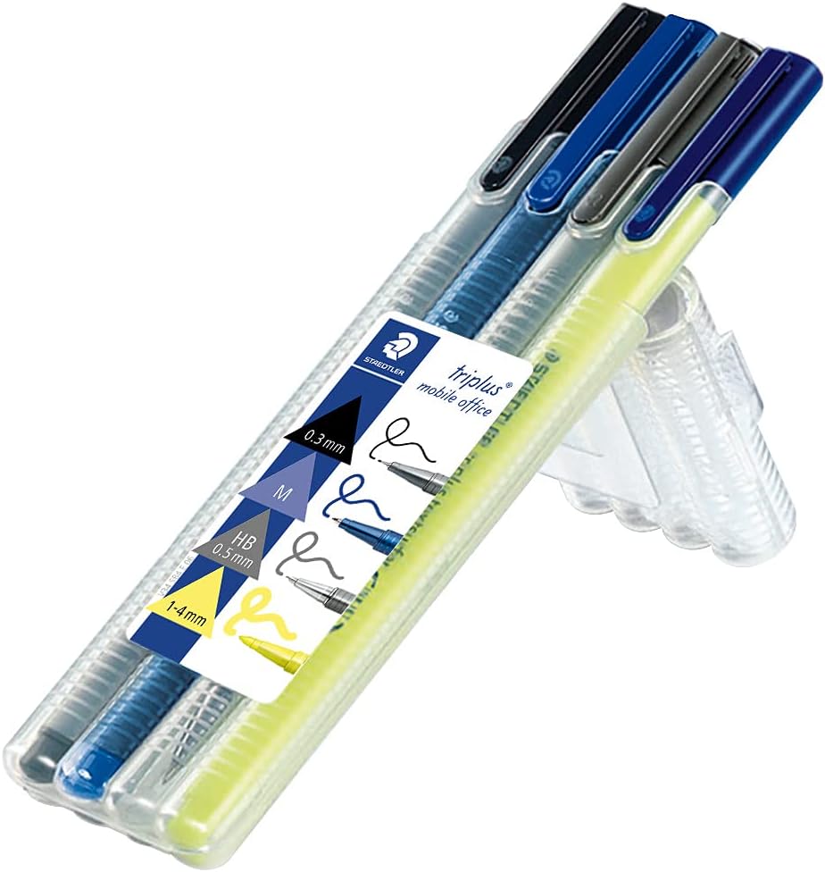 STAEDTLER Box mit 1 triplus fineliner schwarz, 1 triplus ball M blau, 1 triplus micro 0.5 mm und 1 triplus textsurfer gelb, "Mobile office"