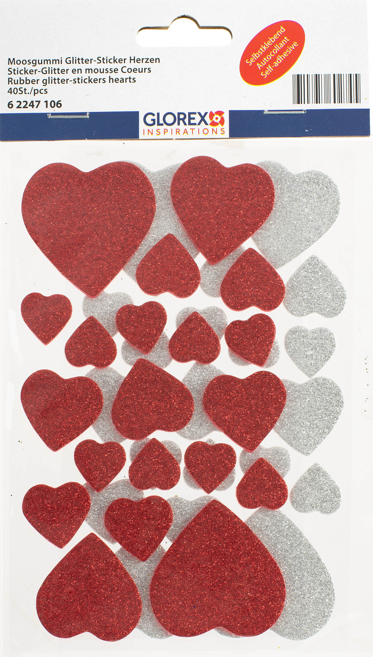 Moosgummi Glitter-Sticker 40St Herzen in rot und silber