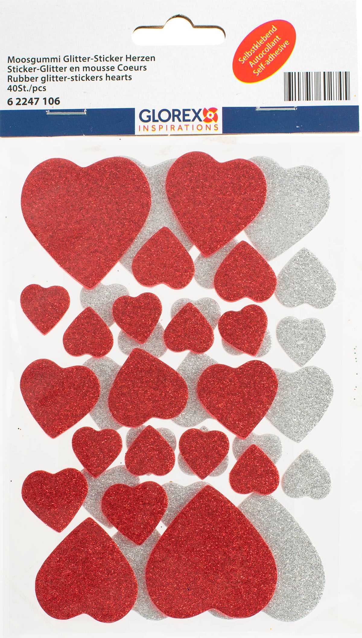 Autocollants en mousse pailletée Glorex, cœurs rouges et argentés, lot de 40 sur papier blanc avec en-tête bleu