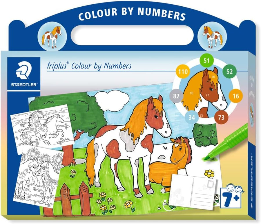 Kartonkoffer mit 2 triplus fineliner, 5 triplus color, 3 Postkarten zum Ausmalen und 3 nummerierten Farbanleitungen, Pferde