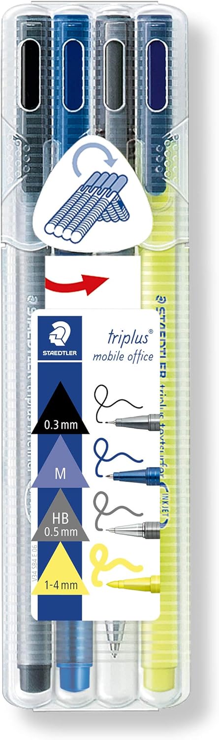 STAEDTLER Box mit 1 triplus fineliner schwarz, 1 triplus ball M blau, 1 triplus micro 0.5 mm und 1 triplus textsurfer gelb, "Mobile office"