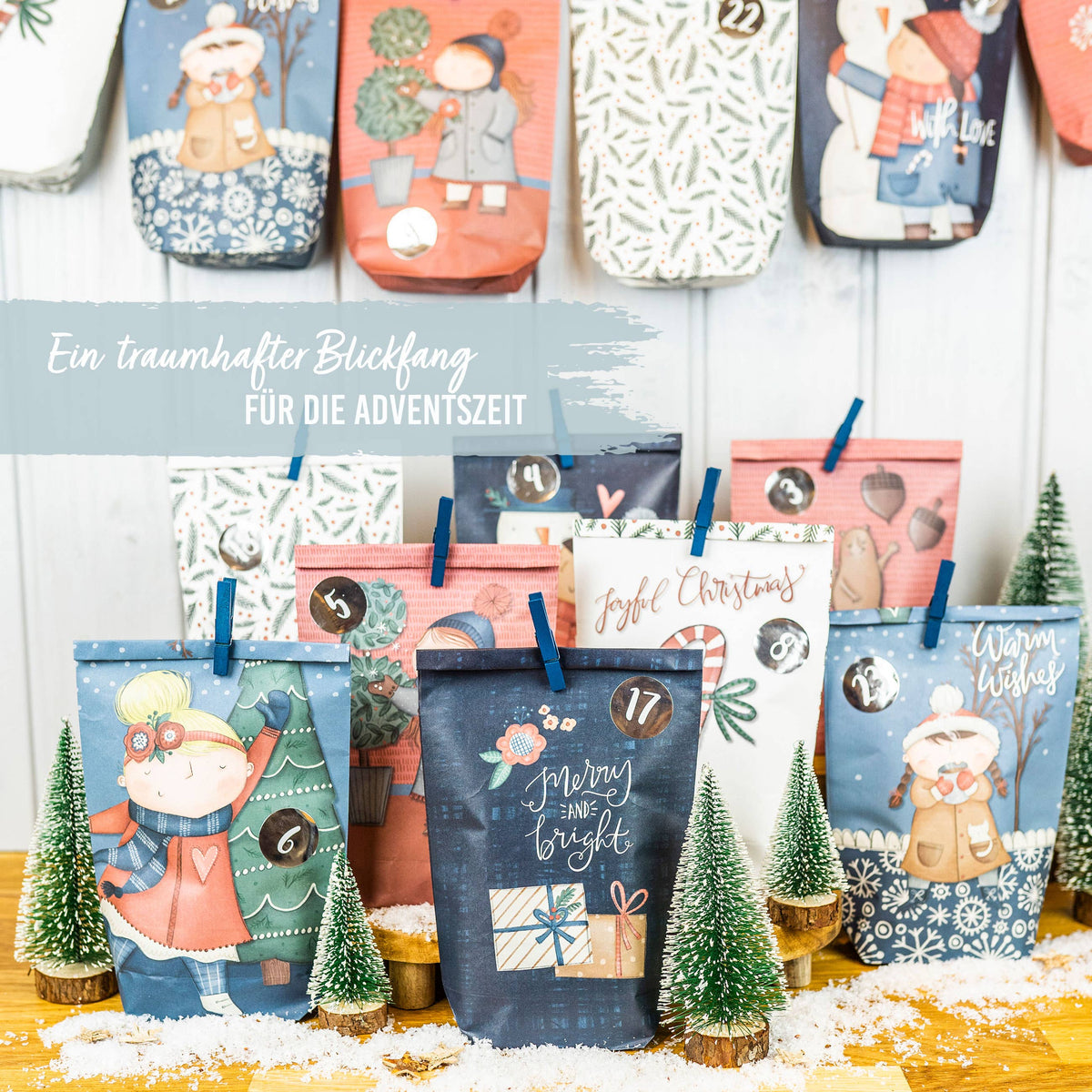 Adventskalender mit bedruckten Tüten - Dunkelblau