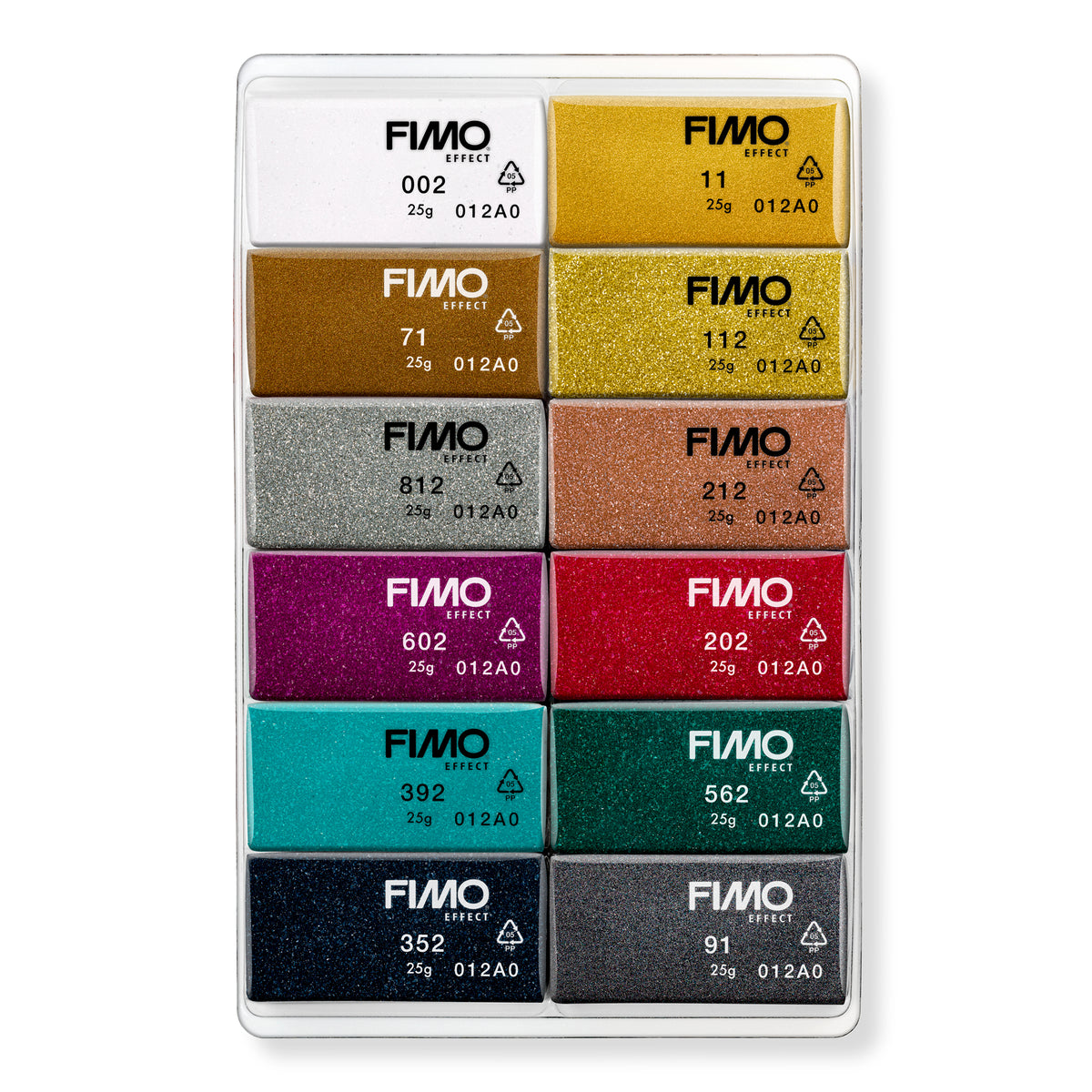 Offene FIMO Effect Knetmasse Box mit 12 Metallic-Steinen in Gold, Silber und Kupfer