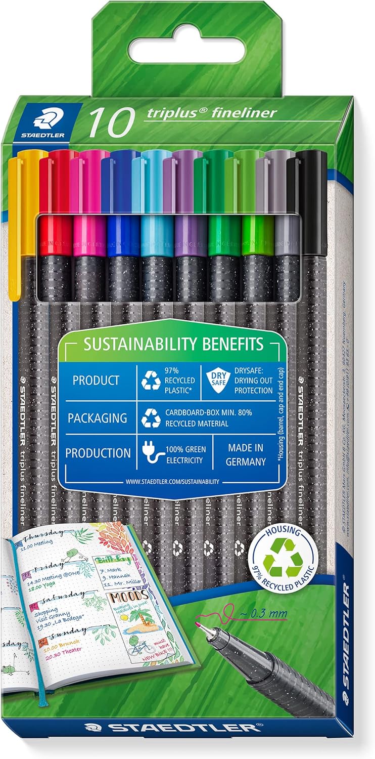 Kartonetui mit 10 triplus fineliner aus recyceltem Kunststoff in sortierten Farben