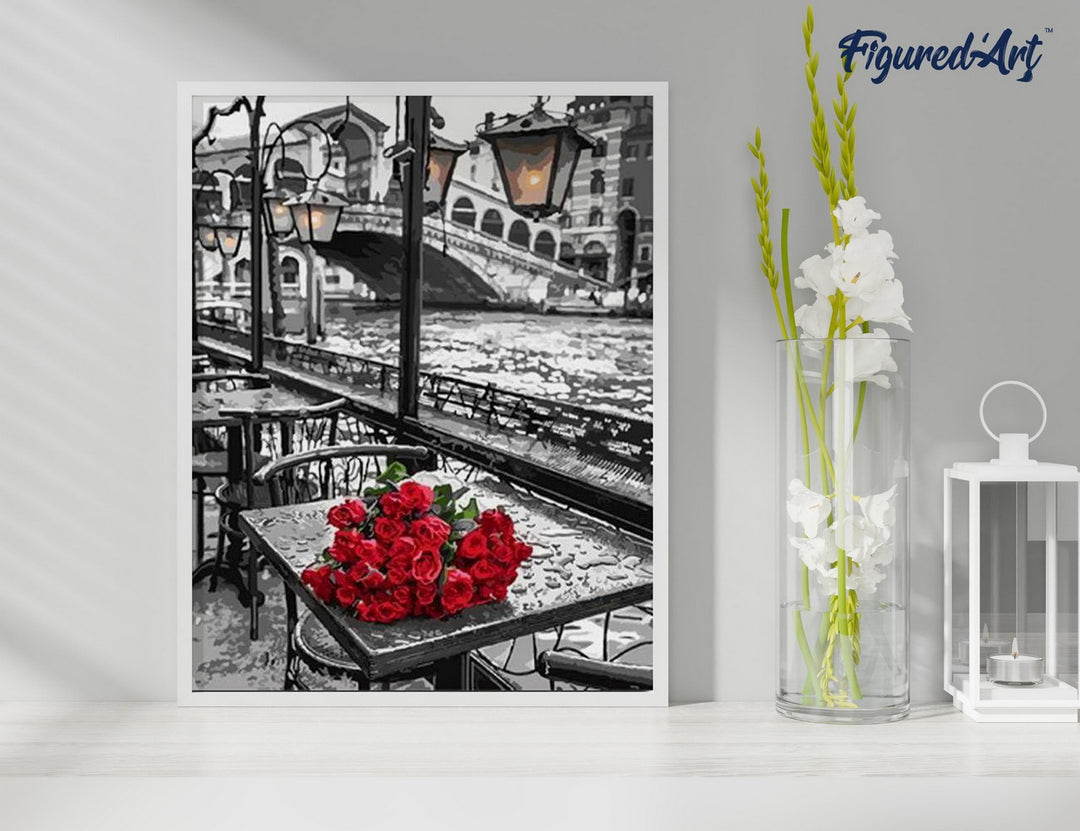 Malen nach Zahlen 40x50cm ohne Keilrahmen Figured’Art Terrasse und Blumenstrauss