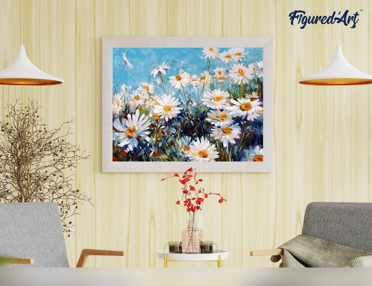 Malen nach Zahlen 40x50cm ohne Keilrahmen Figured’Art Gänseblümchen und blauer Himmel - Kidis Art