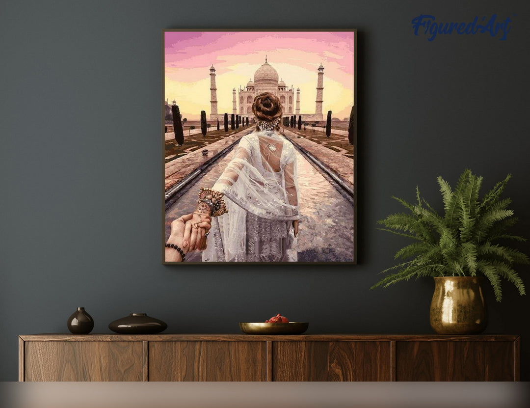 Malen nach Zahlen 40x50cm ohne Keilrahmen Figured’Art Spaziergang am romantischen Taj Mahal