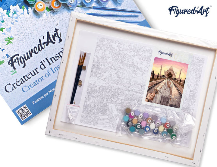 Malen nach Zahlen 40x50cm auf Keilrahmen gespannt Figured’Art Spaziergang am romantischen Taj Mahal - Kidis Art