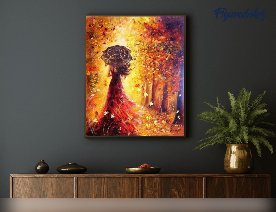 Malen nach Zahlen 40x50cm ohne Keilrahmen Figured’Art Herbstwald und Frau mit Regenschirm