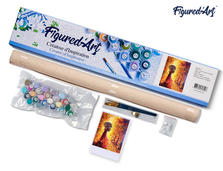 Malen nach Zahlen 40x50cm ohne Keilrahmen Figured’Art Herbstwald und Frau mit Regenschirm