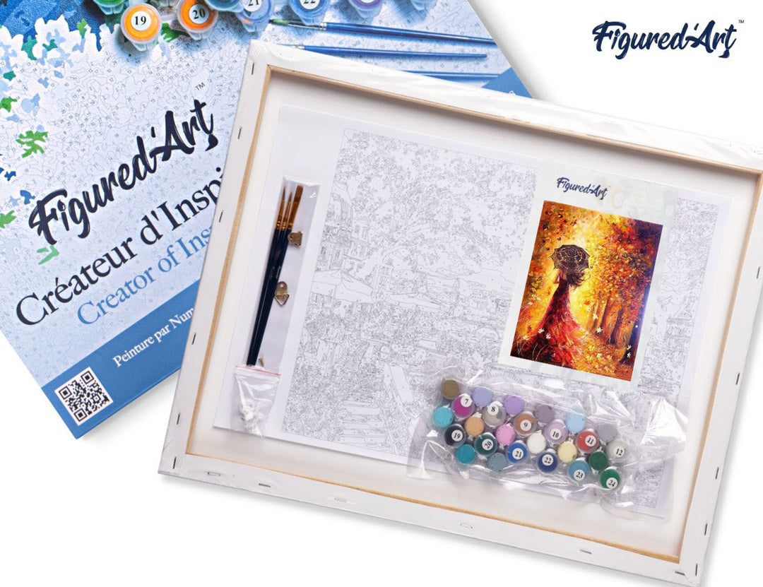 Malen nach Zahlen 40x50cm auf Keilrahmen gespannt Figured’Art Herbstwald und Frau mit Regenschirm