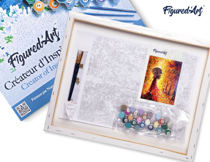 Malen nach Zahlen 40x50cm auf Keilrahmen gespannt Figured’Art Herbstwald und Frau mit Regenschirm