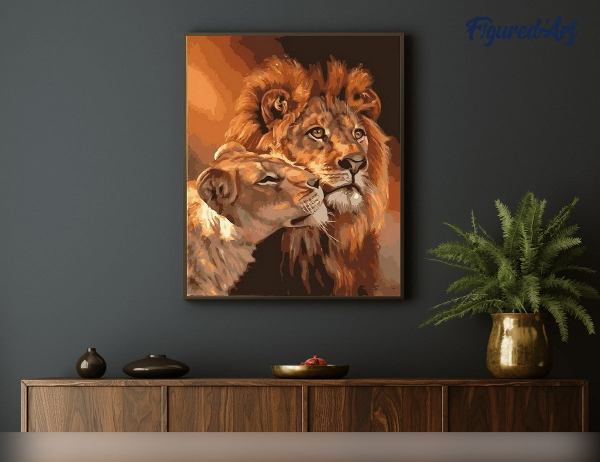 Malen nach Zahlen 40x50cm auf Keilrahmen gespannt Figured’Art Löwe und Löwin Paar - Kidis Art