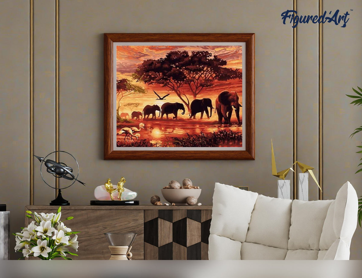 Malen nach Zahlen 40x50cm ohne Keilrahmen Figured’Art Elefanten bei Sonnenuntergang - Kidis Art