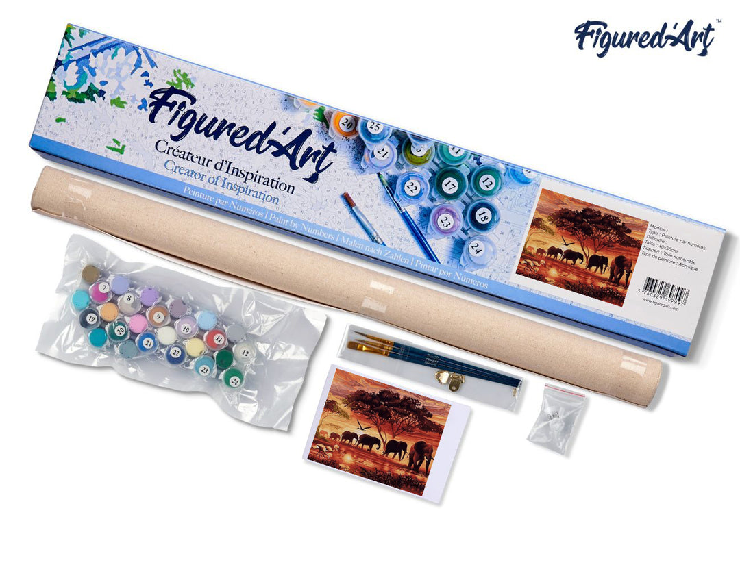 Malen nach Zahlen 40x50cm ohne Keilrahmen Figured’Art Elefanten bei Sonnenuntergang