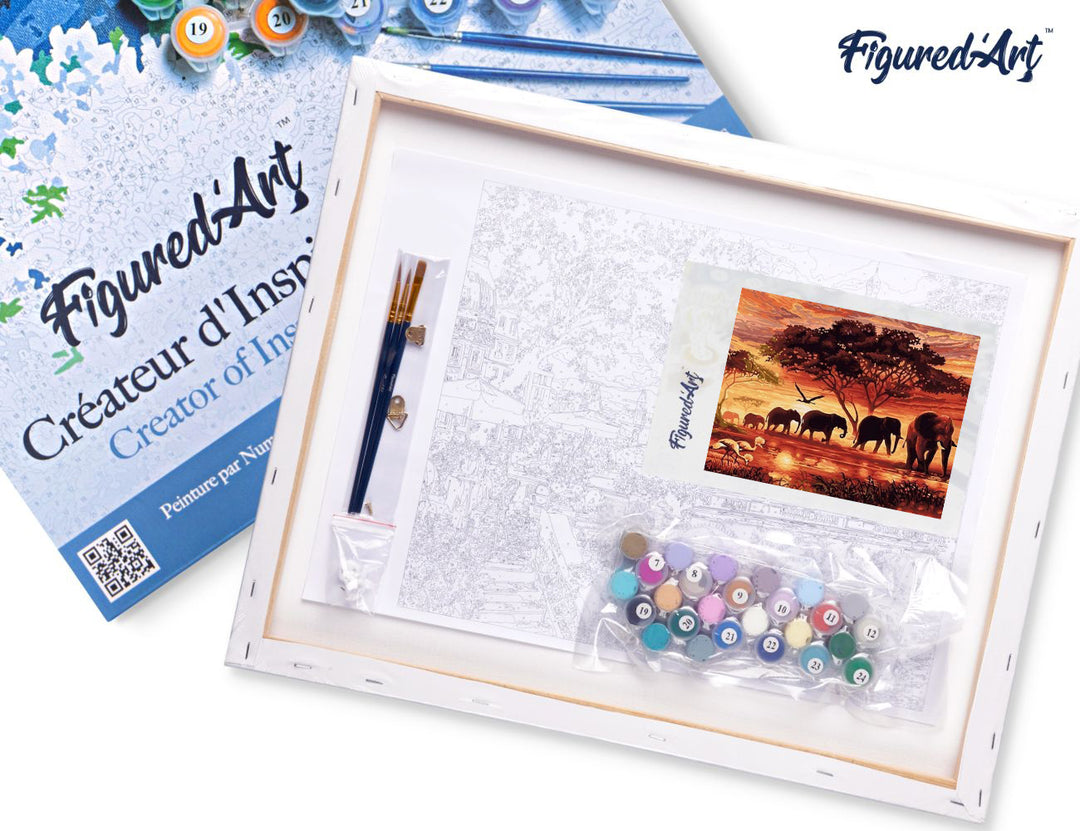 Malen nach Zahlen 40x50cm auf Keilrahmen gespannt Figured’Art Elefanten bei Sonnenuntergang