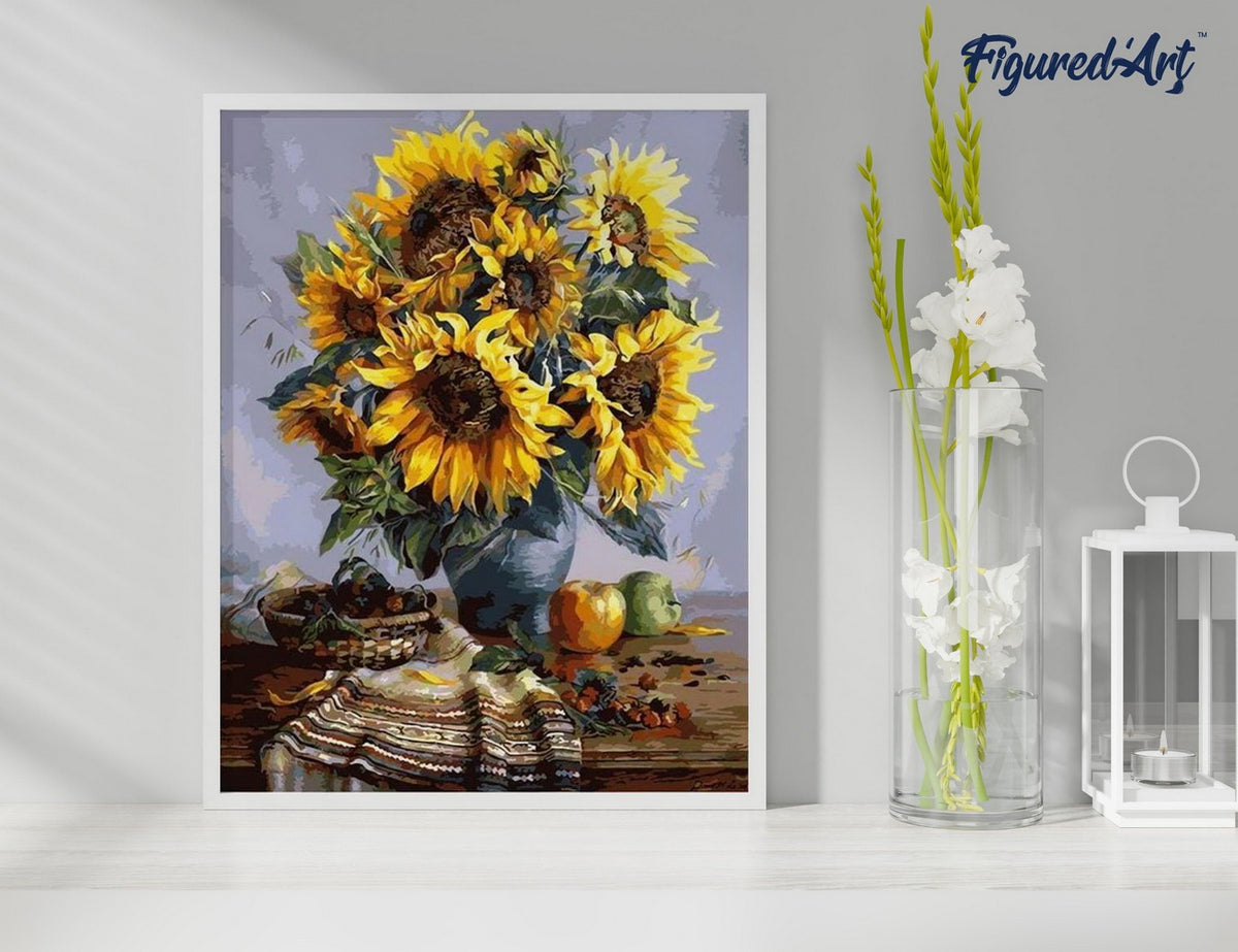 Malen nach Zahlen 40x50cm ohne Keilrahmen Figured’Art Sonnenblumenstrauss - Kidis Art