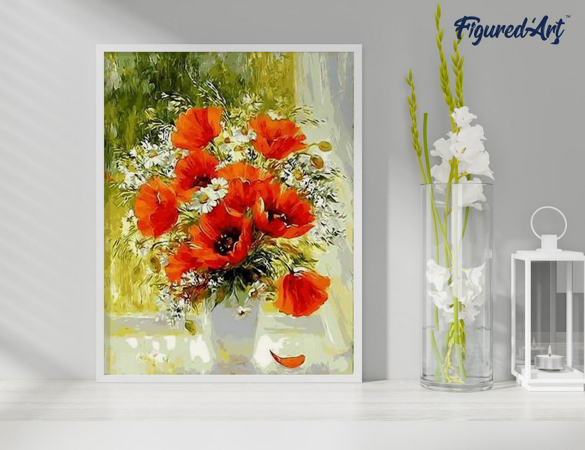 Malen nach Zahlen 40x50cm ohne Keilrahmen Figured’Art Rote Blumen und Gänseblümchen - Kidis Art