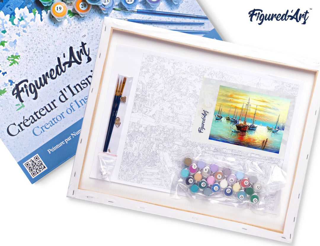 Malen nach Zahlen 40x50cm auf Keilrahmen gespannt Figured’Art Segelboote an der Küste