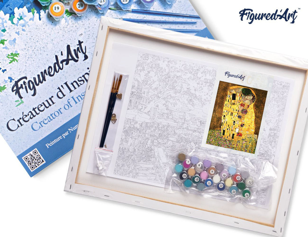 Malen nach Zahlen 40x50cm auf Keilrahmen gespannt Figured’Art Der Kuss – Klimt