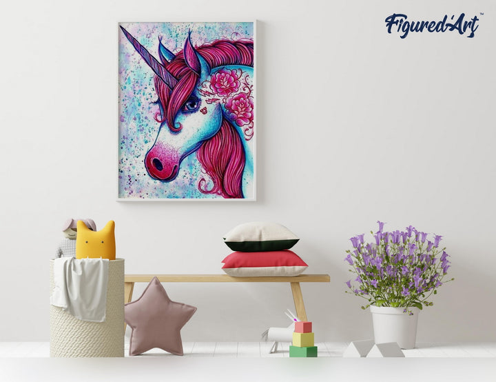 Malen nach Zahlen 40x50cm ohne Keilrahmen Figured’Art Einhorn rot und blau - Kidis Art