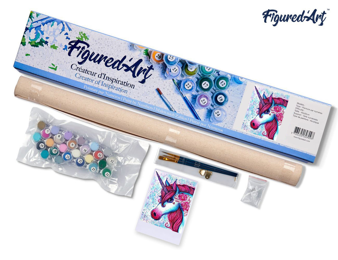 Malen nach Zahlen 40x50cm ohne Keilrahmen Figured’Art Einhorn rot und blau - Kidis Art