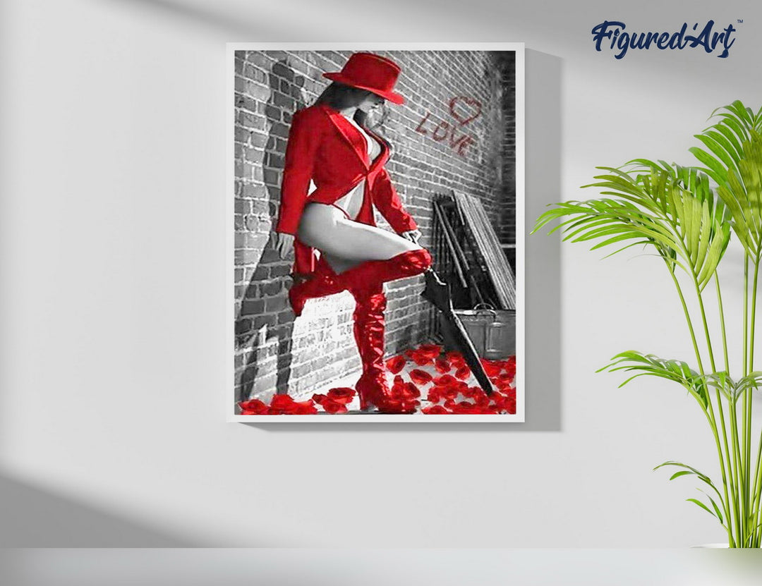 Malen nach Zahlen 40x50cm ohne Keilrahmen Figured’Art Sexy Frau mit roten Lederstiefel