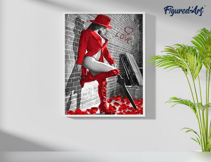 Malen nach Zahlen 40x50cm ohne Keilrahmen Figured’Art Sexy Frau mit roten Lederstiefel