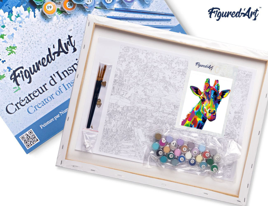 Malen nach Zahlen 40x50cm auf Keilrahmen gespannt Figured’Art Pop Art Giraffe