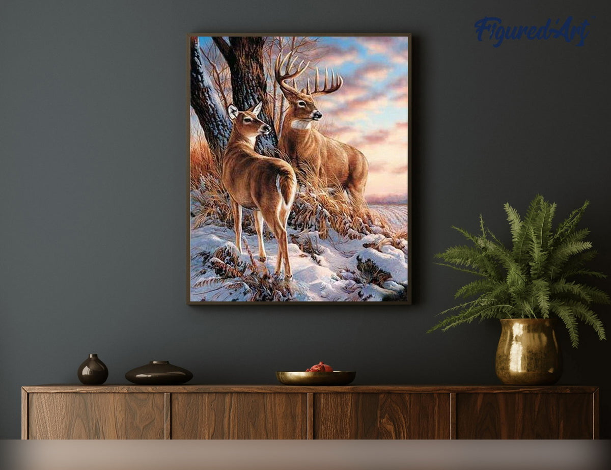 Malen nach Zahlen 40x50cm ohne Keilrahmen Figured’Art Hirsch im Winter - Kidis Art