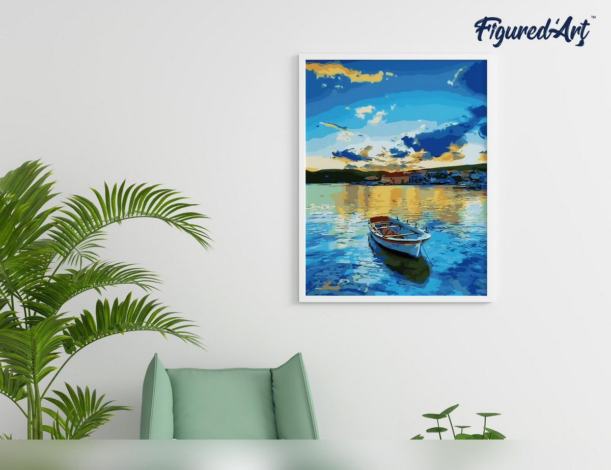 Malen nach Zahlen 40x50cm auf Keilrahmen gespannt Figured’Art Boot und Sonnenaufgang - Kidis Art