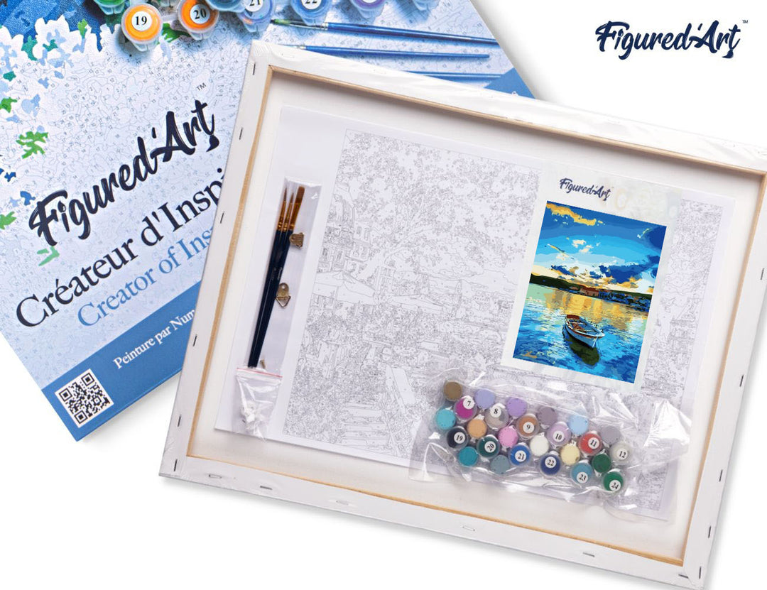 Malen nach Zahlen 40x50cm auf Keilrahmen gespannt Figured’Art Boot und Sonnenaufgang